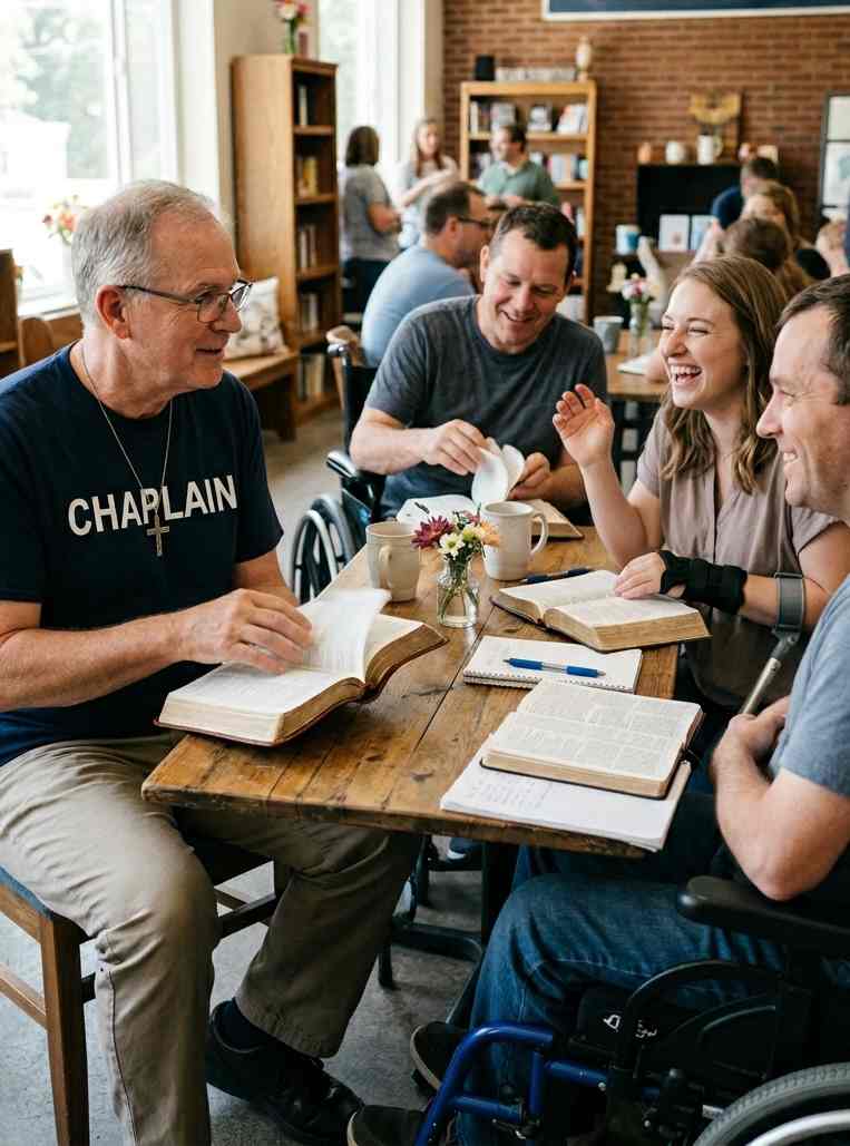 Adults with Disabilities Chaplain leading a Bible study and fellowship gathering with adults of varying abilities in a church community.