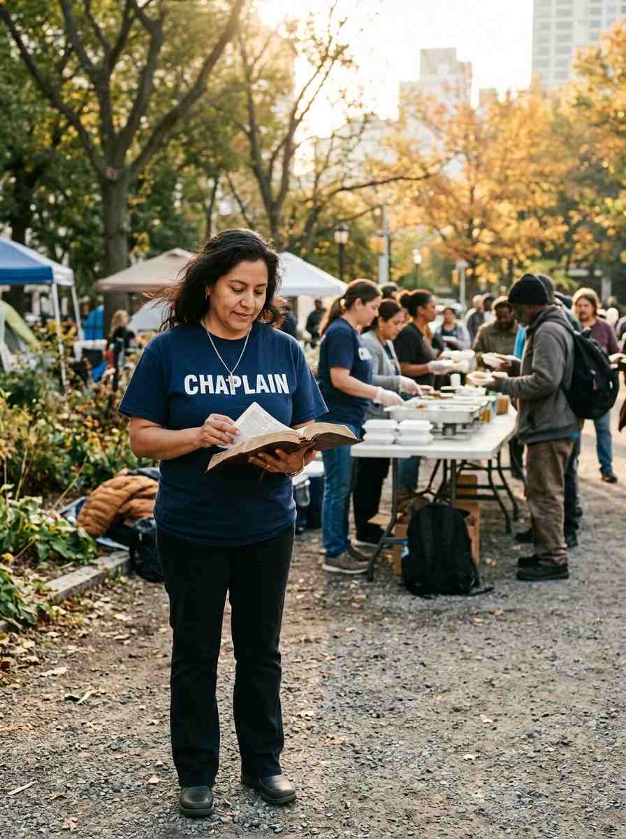Female homeless community chaplain reading a Bible while serving people experiencing homelessness in an urban outreach setting