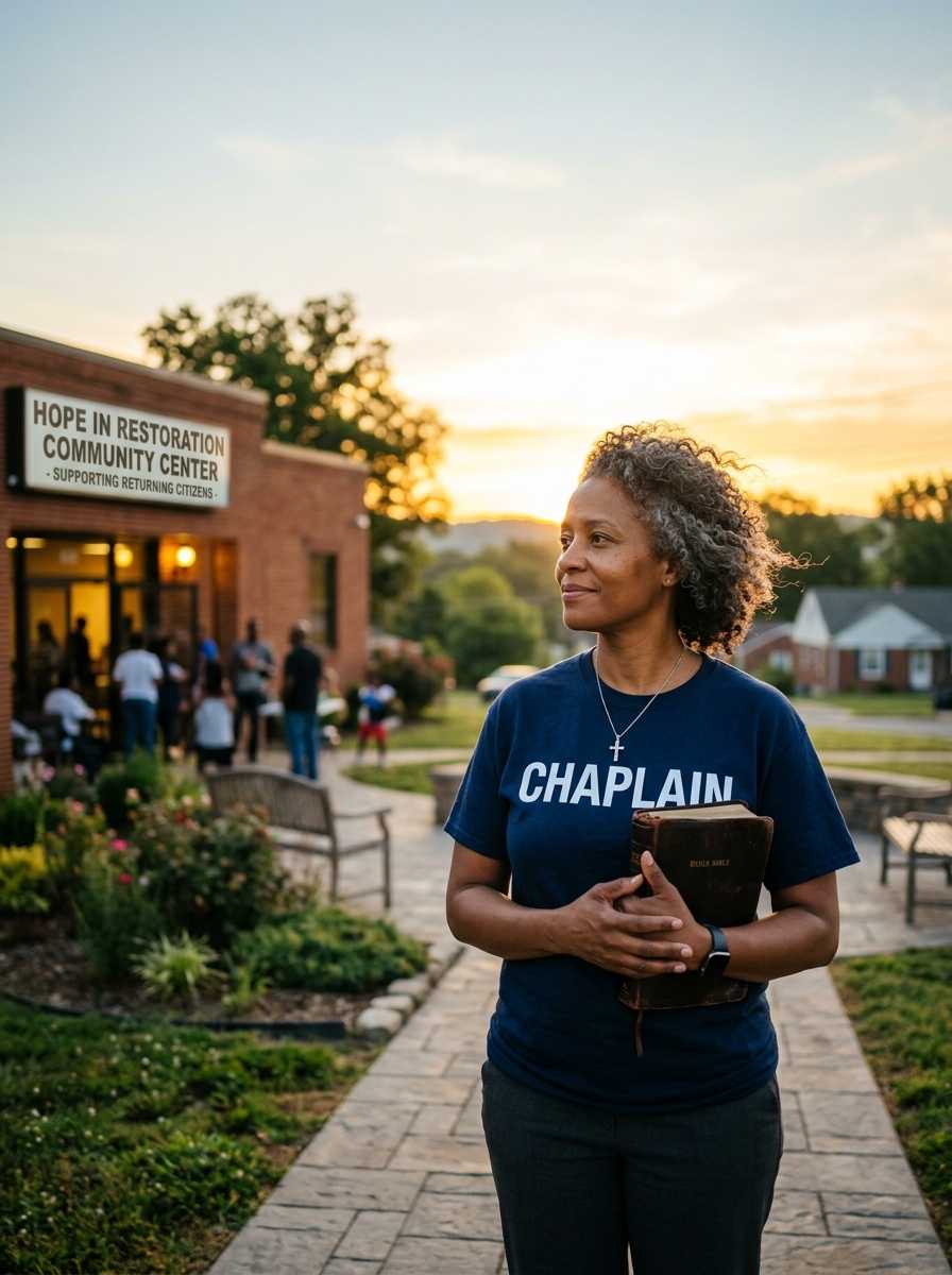 Female Reentry and Restoration Chaplain wearing a navy CHAPLAIN shirt, cross necklace, and holding a Bible while reflecting on her calling to serve returning citizens.