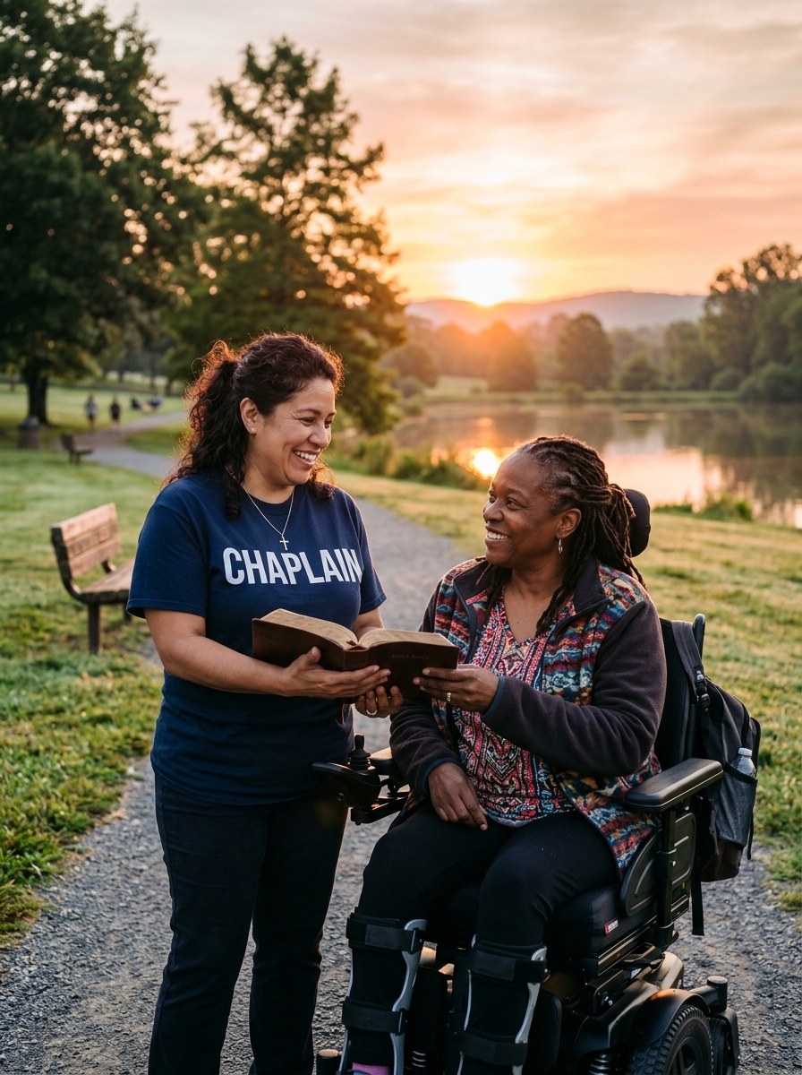 Adults with Disabilities Chaplain reading Scripture with a woman using a wheelchair during an outdoor pastoral care conversation at sunset.