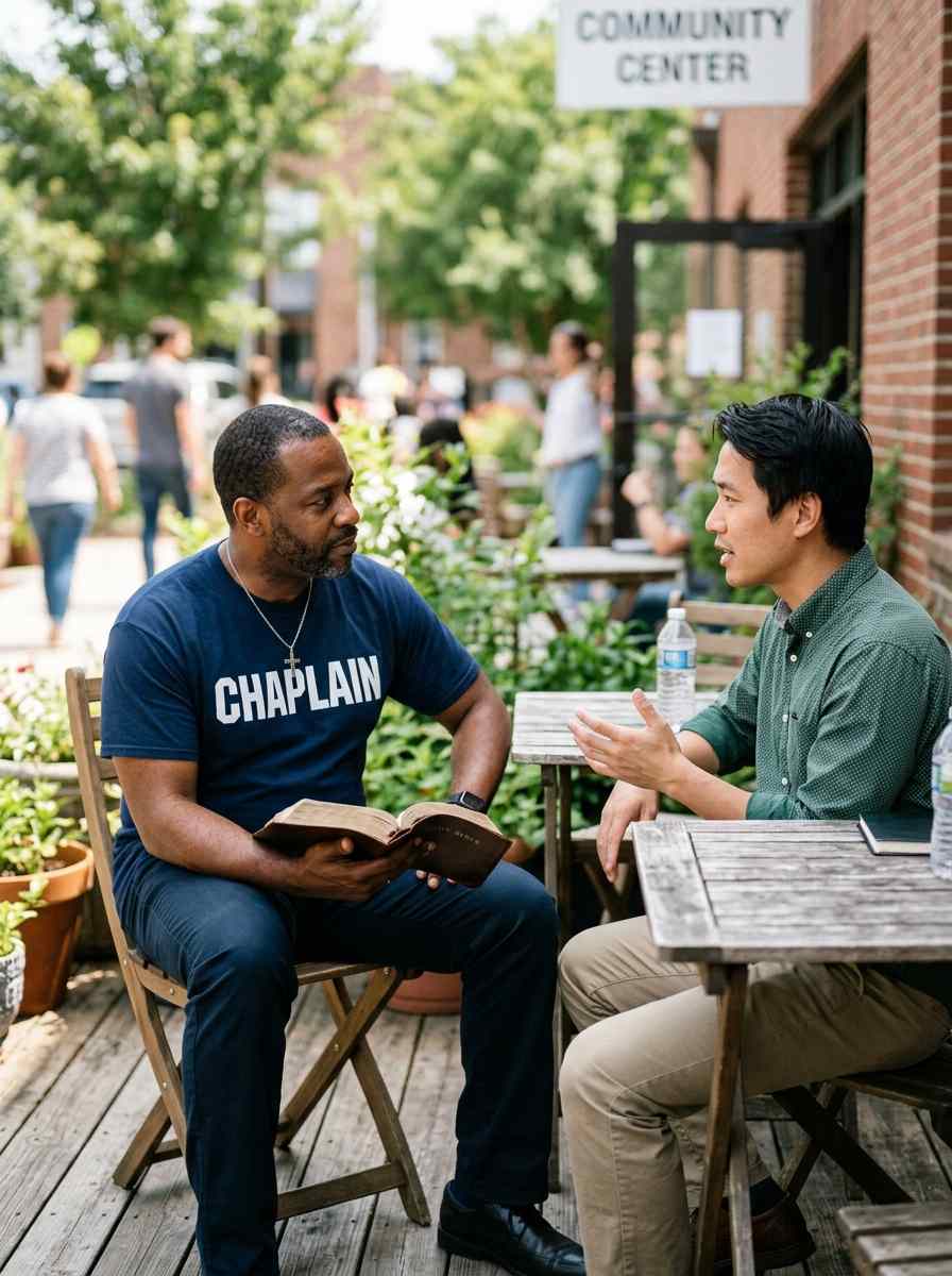 Community chaplain providing spiritual support to a local resident in a neighborhood setting.
