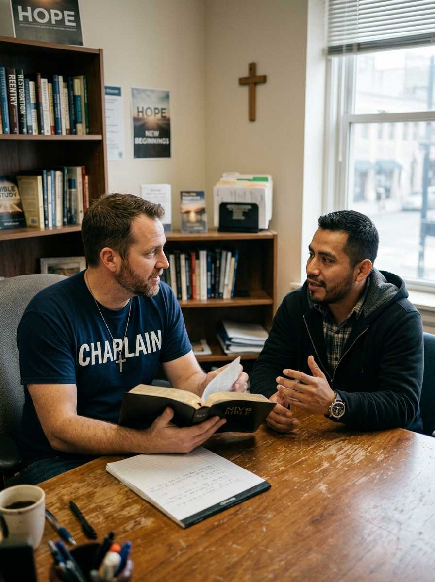 Male Reentry and Restoration Chaplain reading from a Bible while meeting with a returning citizen in a mentoring conversation.