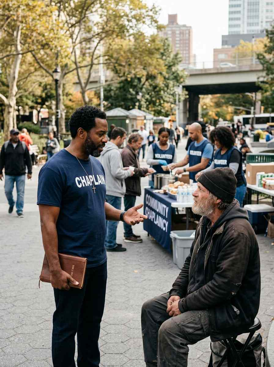 Male homeless community chaplain listening to a community member during an outreach ministry event