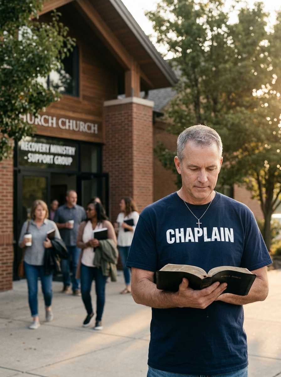 Addiction Recovery Chaplain reading Scripture outside a church recovery ministry.