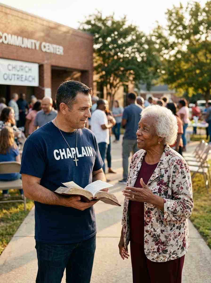 Church Community Chaplain listening to an older community member while holding a Bible outdoors.