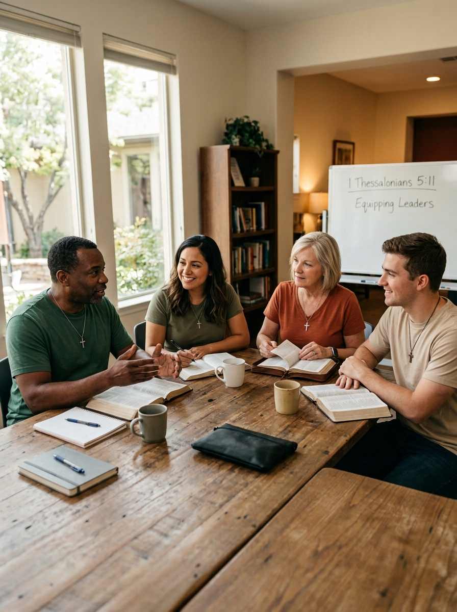 Diverse group of Soul Coaches studying Scripture and praying together.