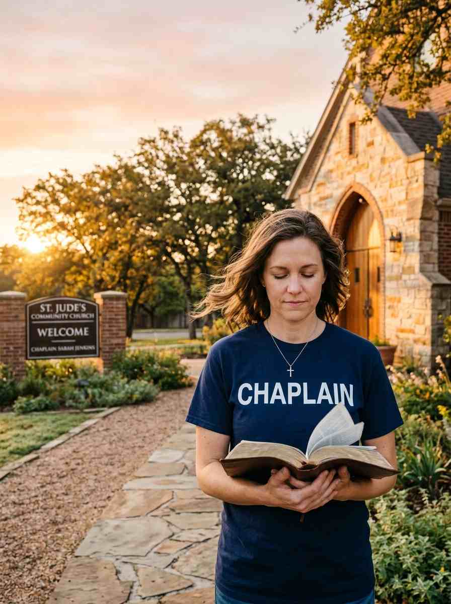 Church Community Chaplain prayerfully holding an open Bible outside a neighborhood church at sunrise.