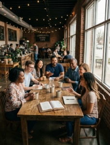 Christian friends gathered around a coffee shop table sharing conversation and Bible study.