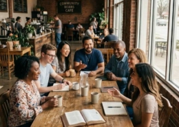 Christian friends gathered around a coffee shop table sharing conversation and Bible study.