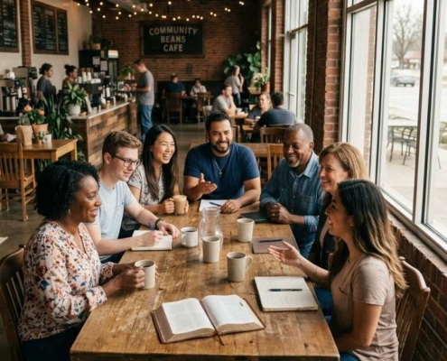 Christian friends gathered around a coffee shop table sharing conversation and Bible study.