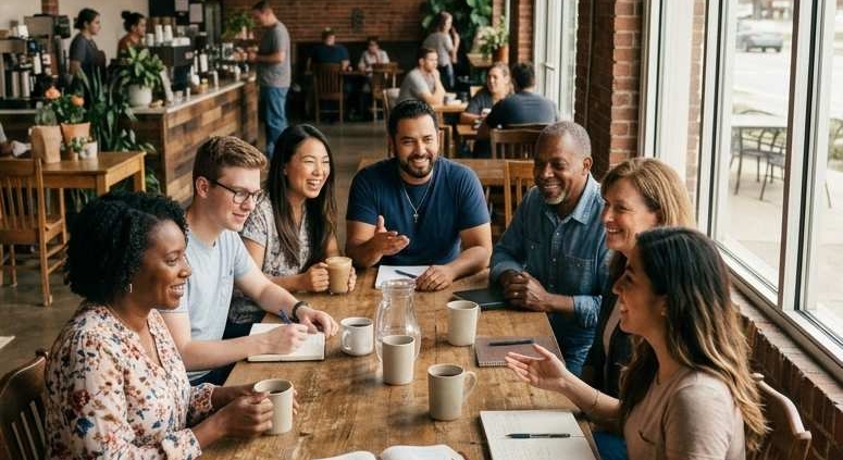 Christian friends gathered around a coffee shop table sharing conversation and Bible study.