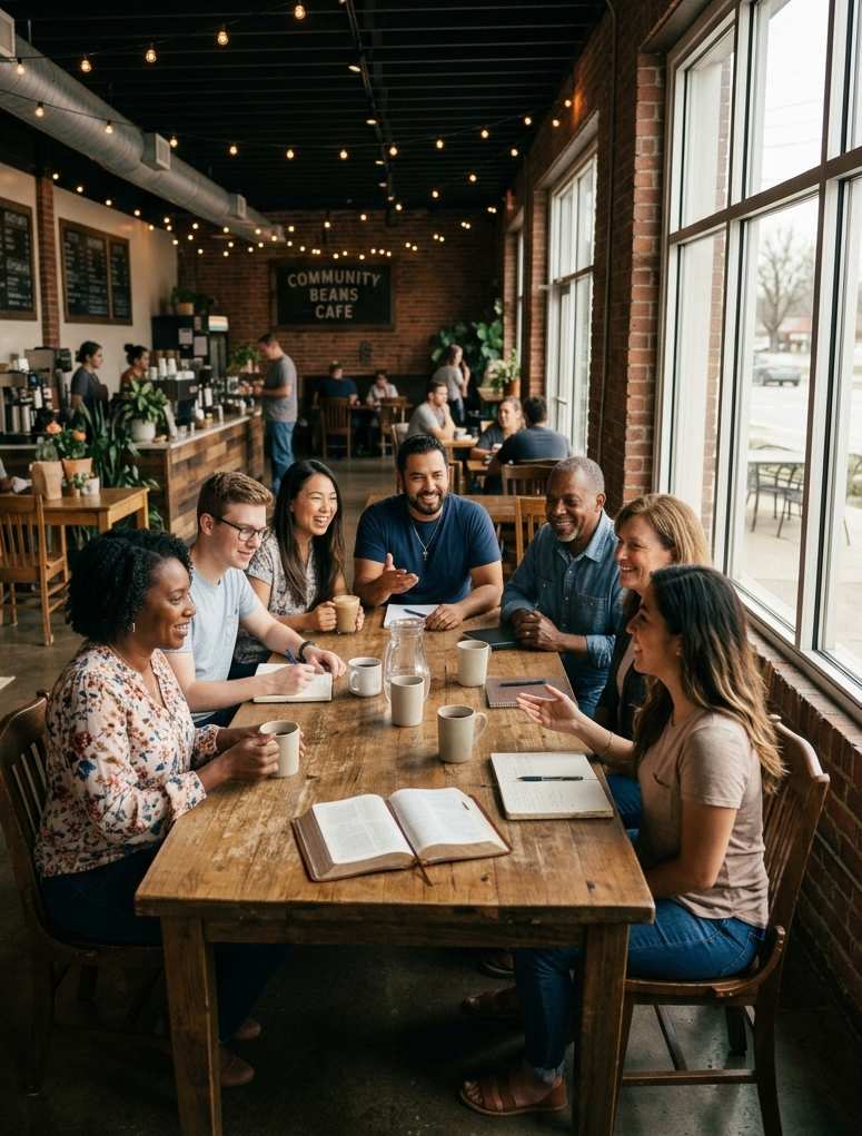 Christian friends gathered around a coffee shop table sharing conversation and Bible study.