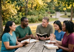 Diverse group of Christians studying the Bible together outdoors.