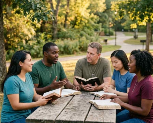 Diverse group of Christians studying the Bible together outdoors.