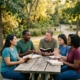 Diverse group of Christians studying the Bible together outdoors.