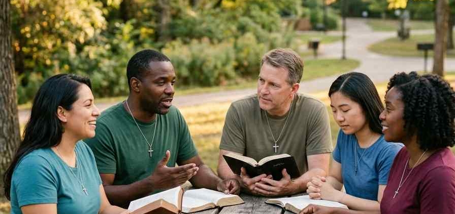Diverse group of Christians studying the Bible together outdoors.