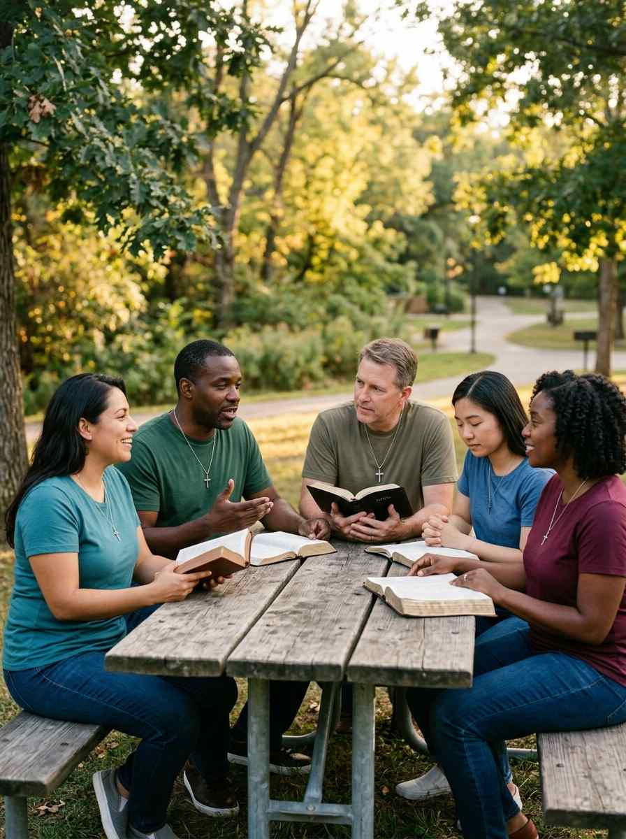 Diverse group of Christians studying the Bible together outdoors.