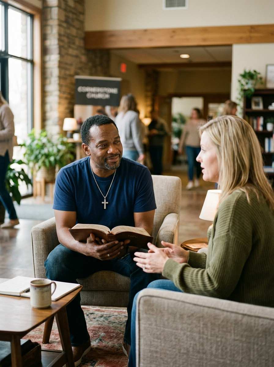 Black Christian man listening carefully to another person while holding an open Bible during a caring conversation.