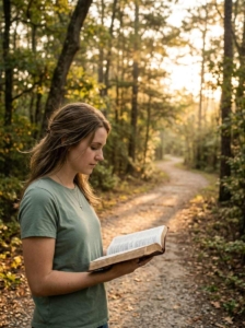 Female Soul Coach praying with an open Bible outdoors before beginning ministry.