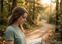 Female Soul Coach praying with an open Bible outdoors before beginning ministry.