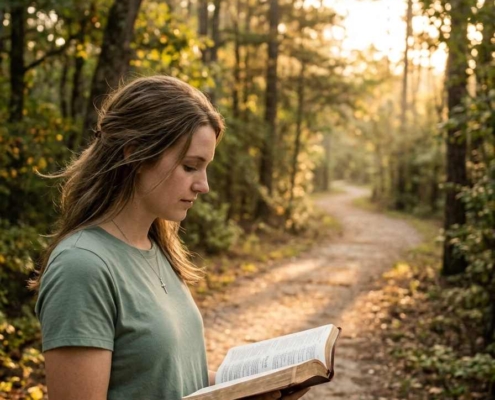 Female Soul Coach praying with an open Bible outdoors before beginning ministry.