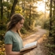 Female Soul Coach praying with an open Bible outdoors before beginning ministry.