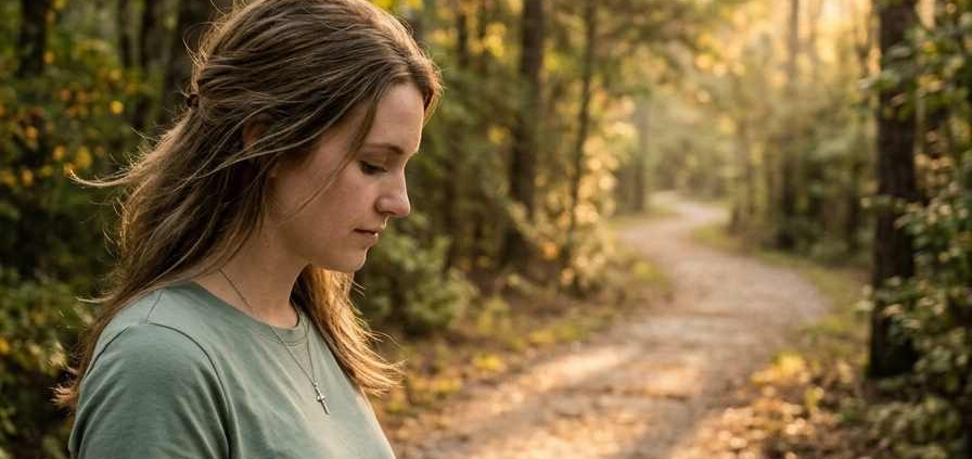 Female Soul Coach praying with an open Bible outdoors before beginning ministry.
