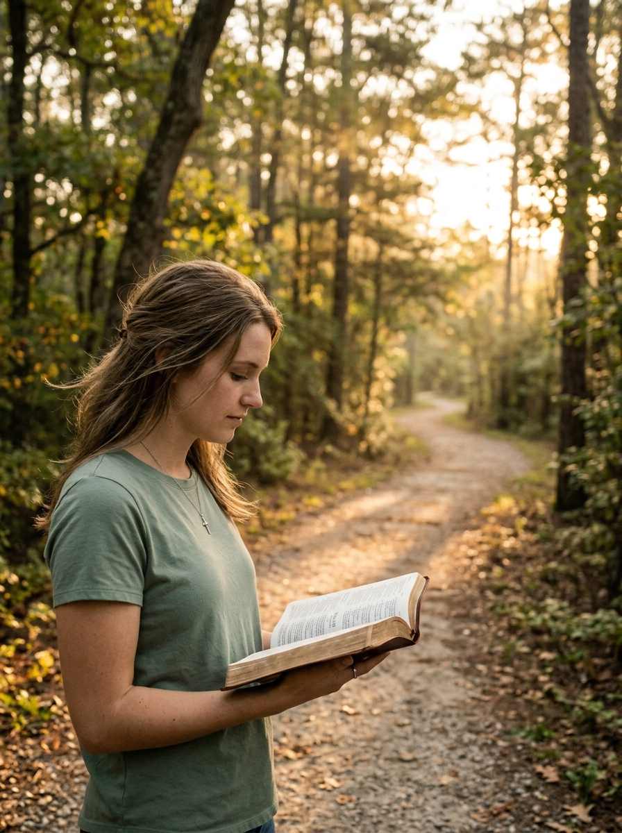 Female Soul Coach praying with an open Bible outdoors before beginning ministry.