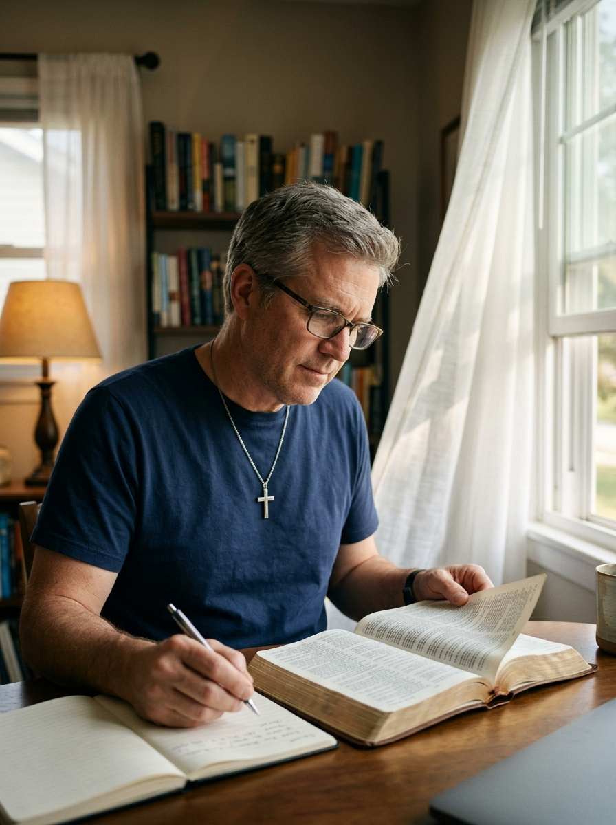 Man studying the Bible and writing notes during personal spiritual growth.
