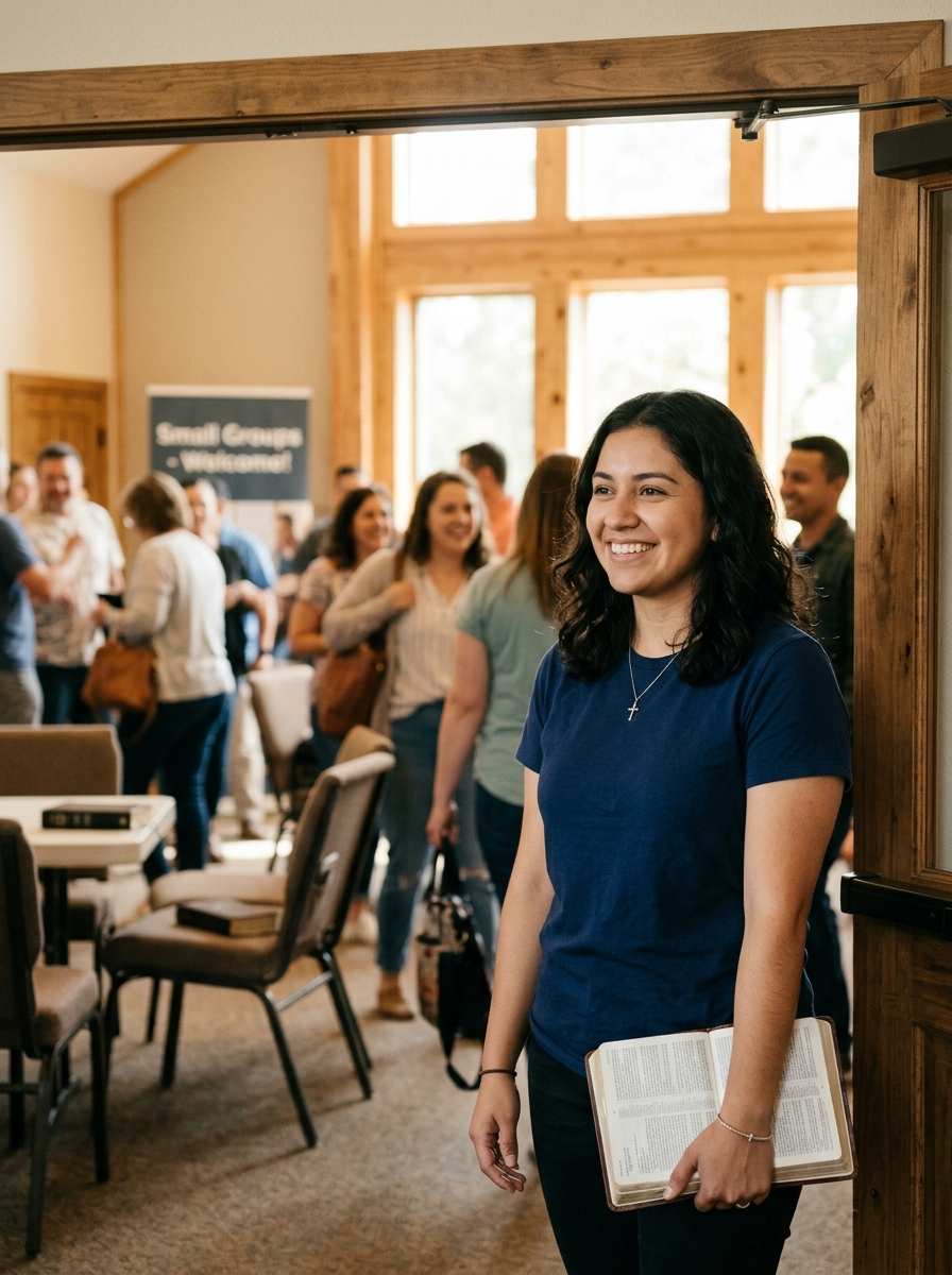 Christian woman preparing to welcome people into a church gathering while holding a Bible.