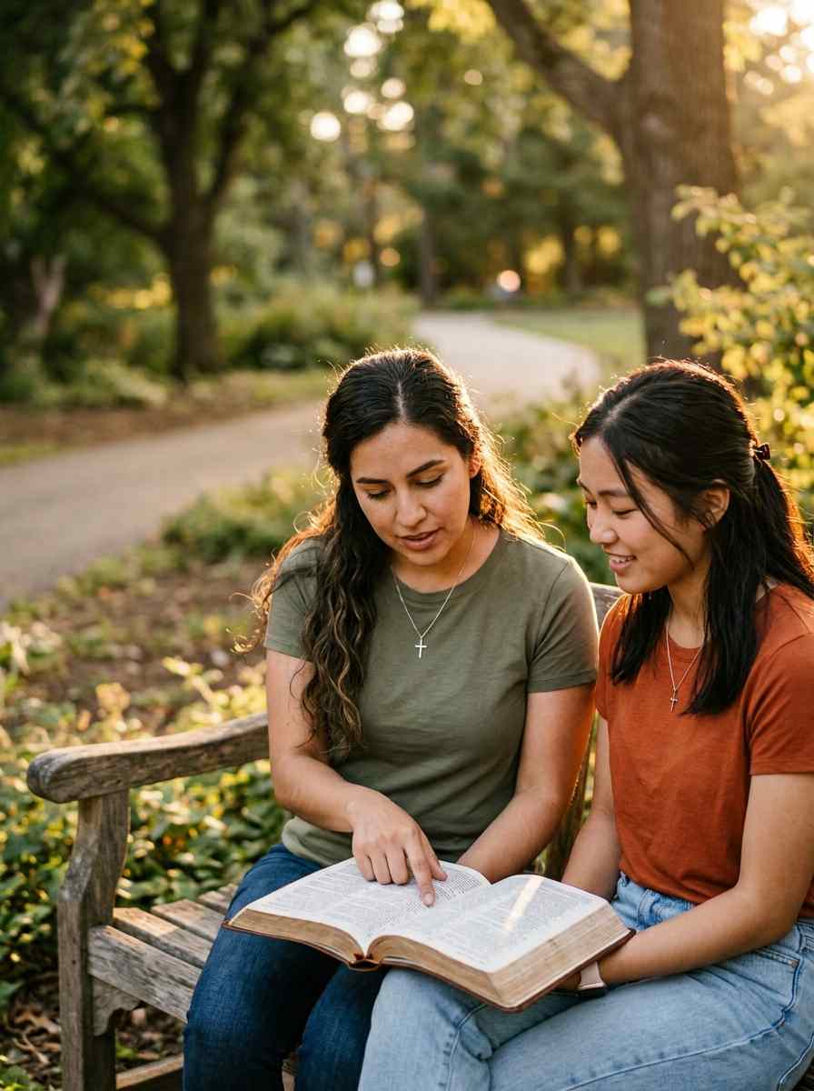 Two women sitting on a park bench reading an open Bible together during a peaceful Christian discipleship conversation.